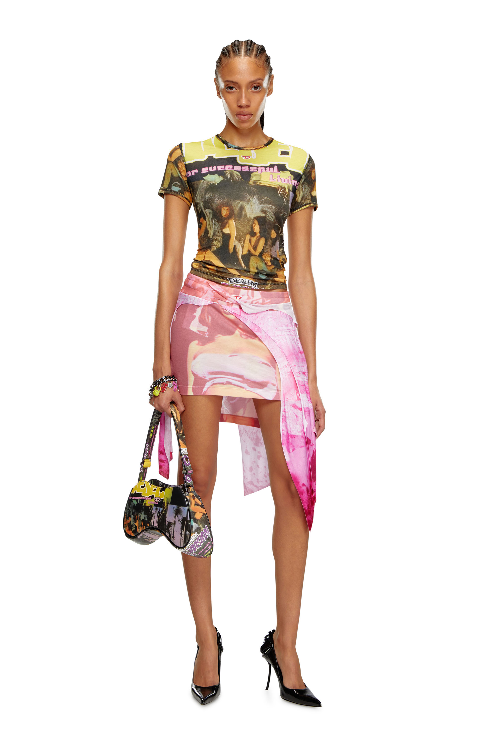Diesel - O-MALOR-P1, Woman Asymmetric mini skirt in printed jersey in Pink - Image 2