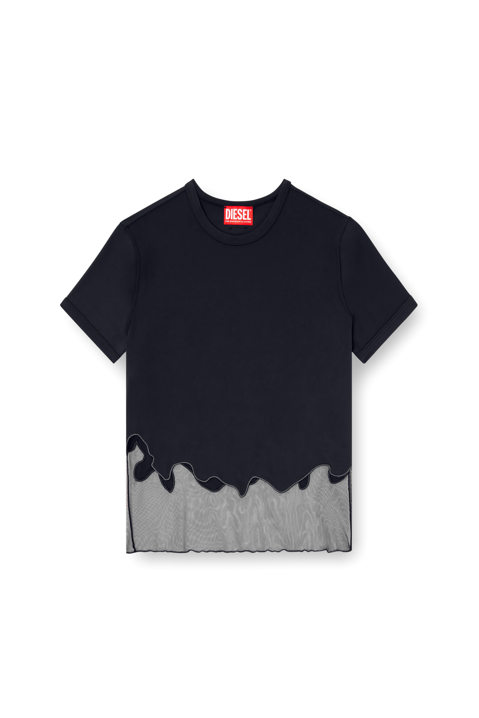 Diesel - T-INLAY-R1, Woman's Nylon T-shirt with tulle insert in Black - 3