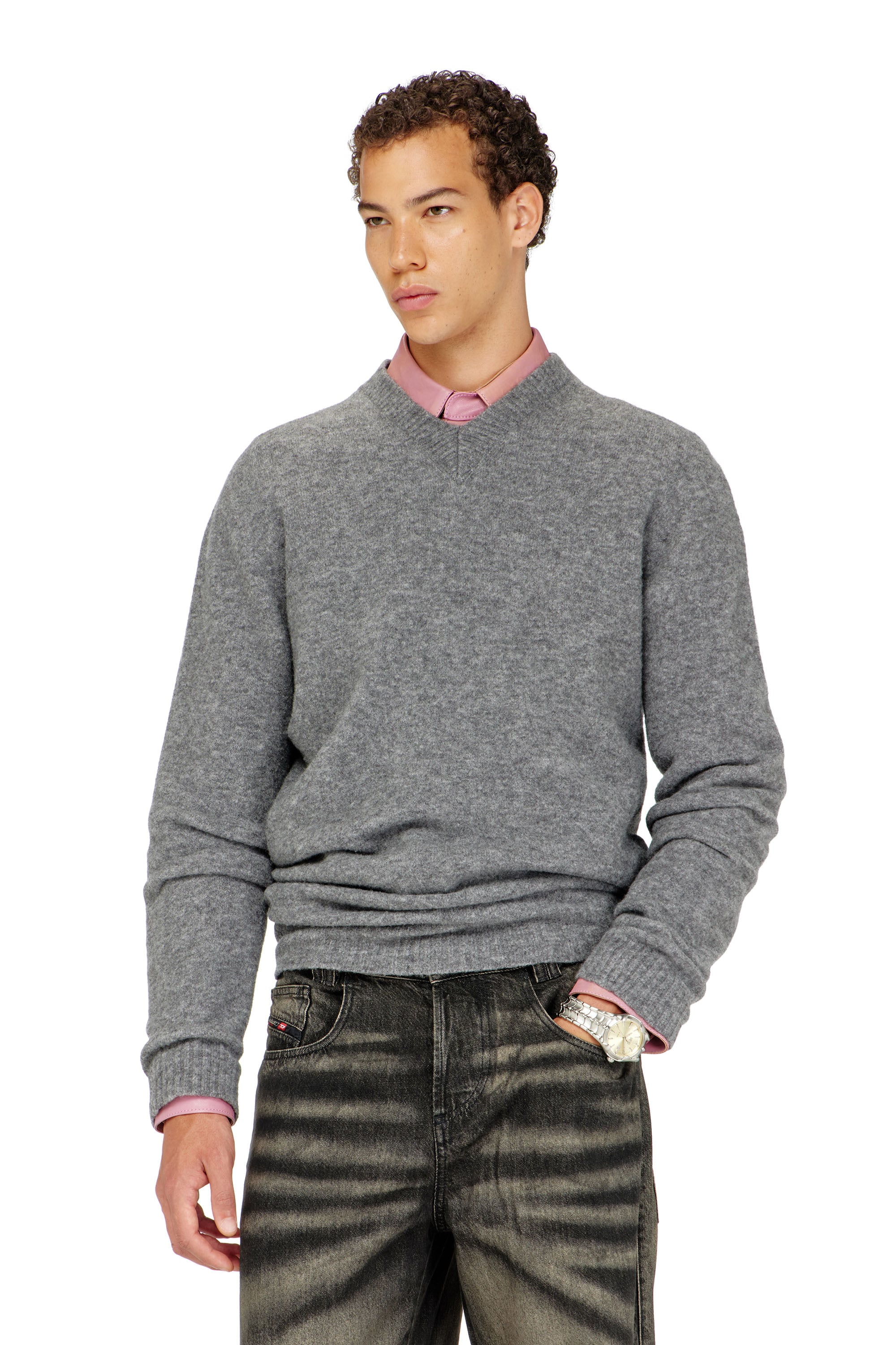 Diesel - K-ANDIE, Man's V-neck jumper in wrinkled boiled knit in Grey - 1