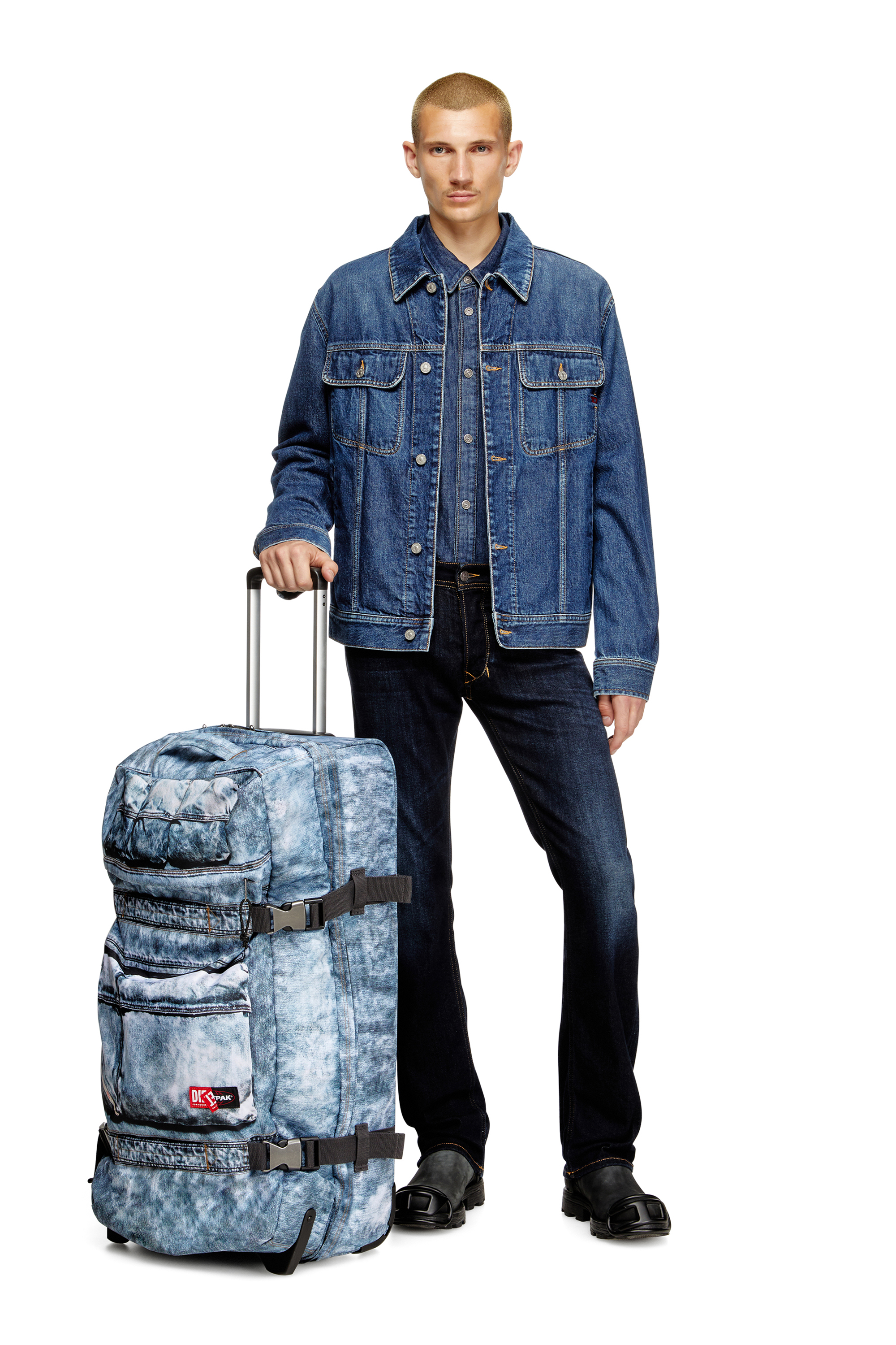 Diesel - DIESEL TRANSIT'R L, Unisex's Travel trolley in trompe l'oeil denim in Blue - 6