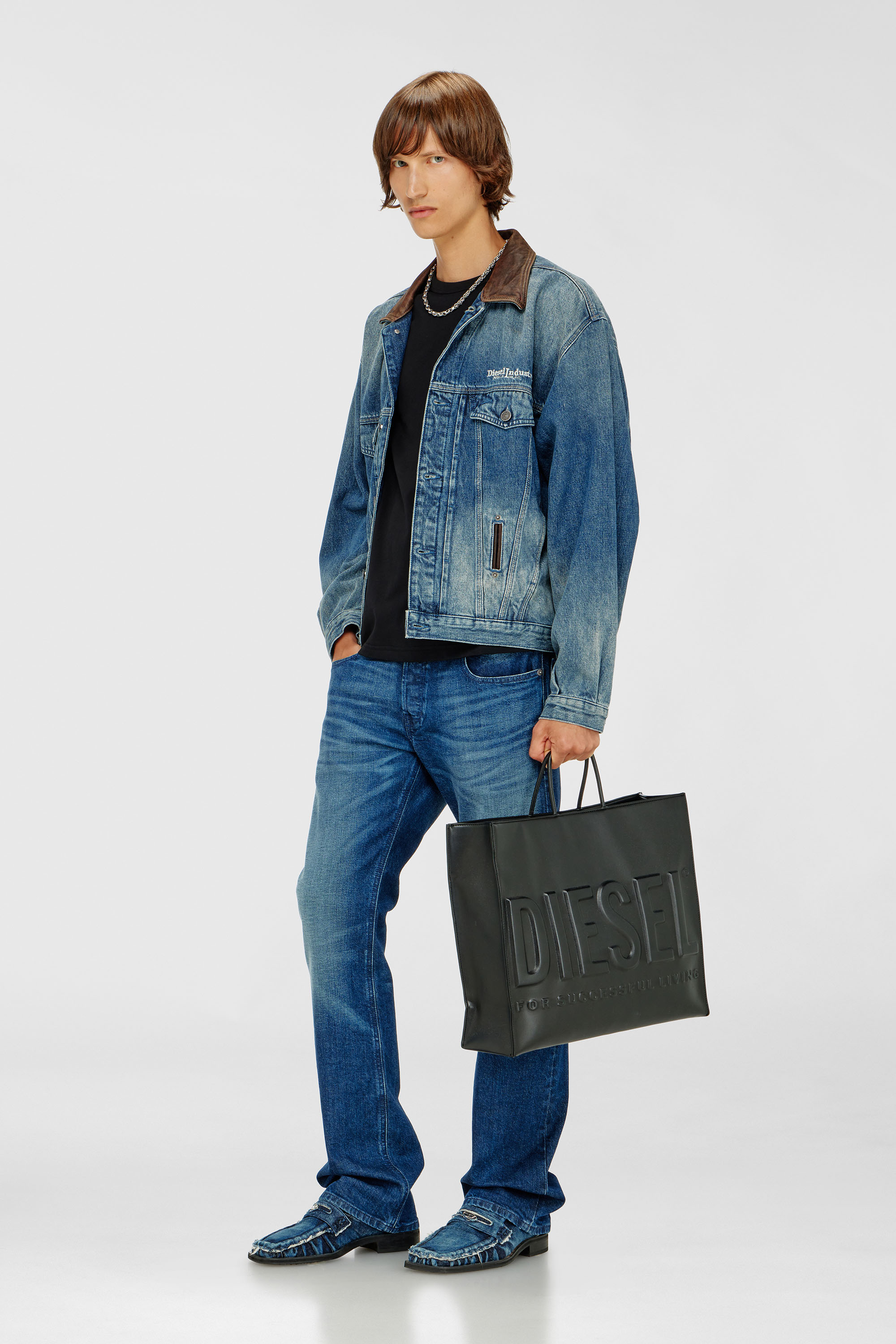 Diesel - D-DENVER-S1, Unisex's Denim trucker jacket with contrast leather trims in Blue - 1