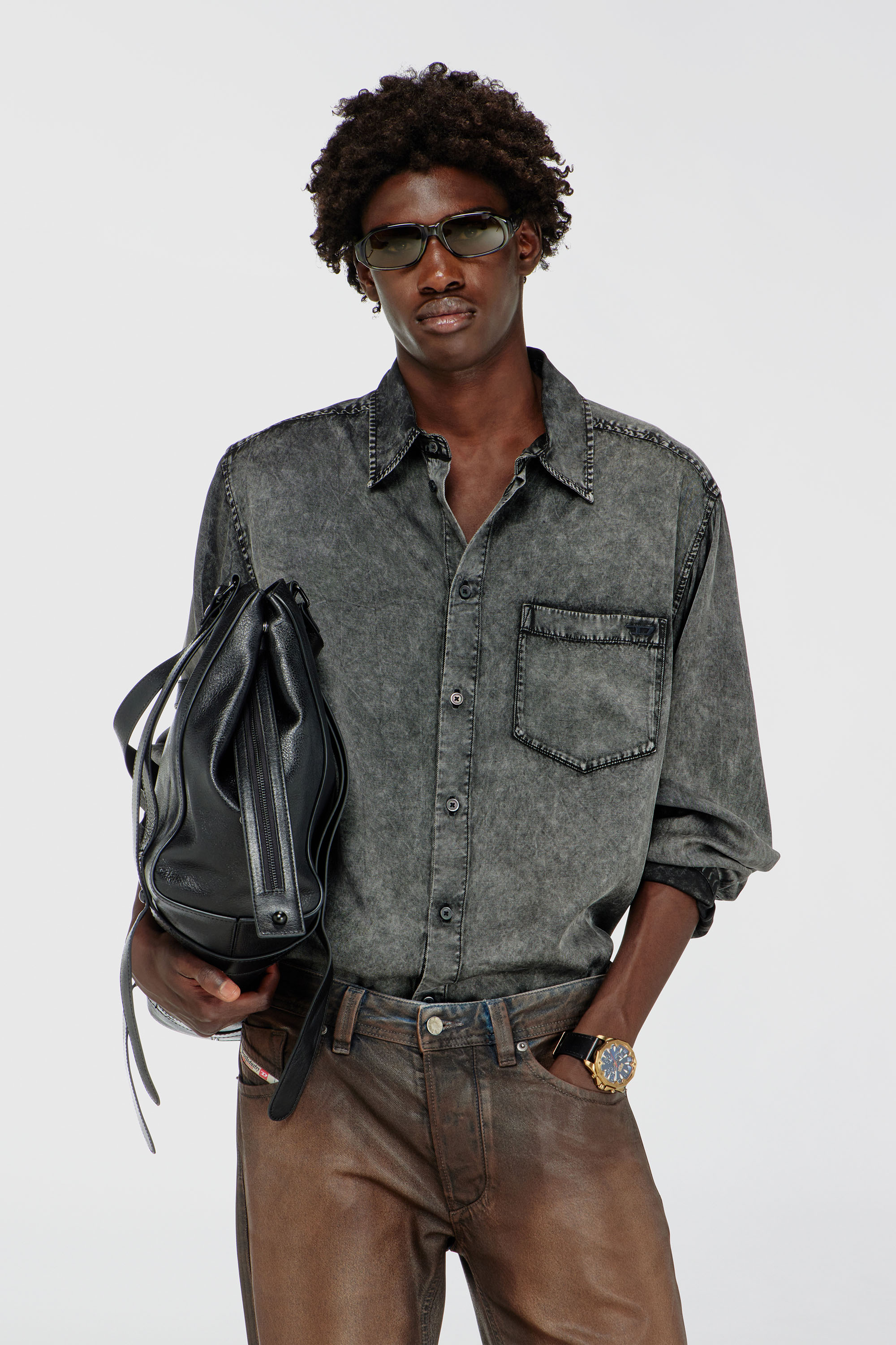 Diesel - S-SIMPLY-NIBC, Man's Fluid shirt in denim-effect viscose in Black - 3