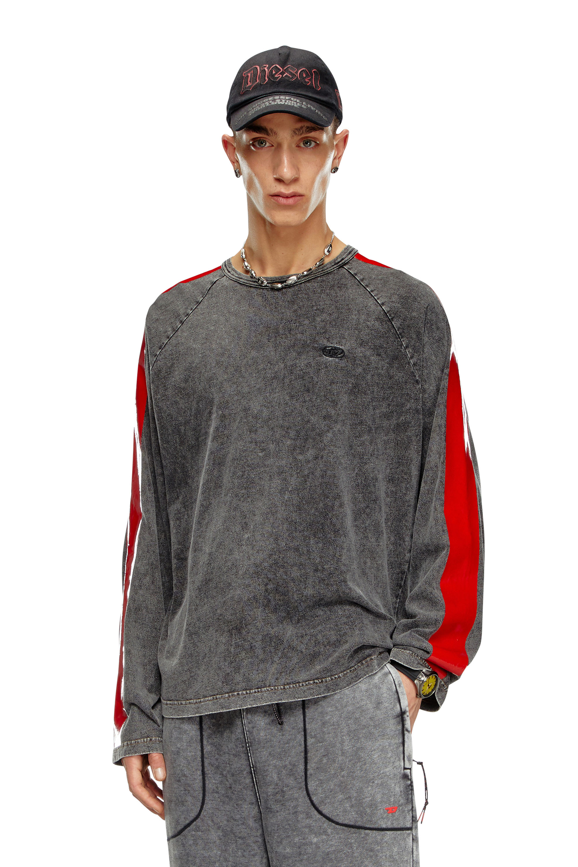 Diesel - T-REDROXT, Man's Long-sleeve T-shirt with glossy bands in Black - 1