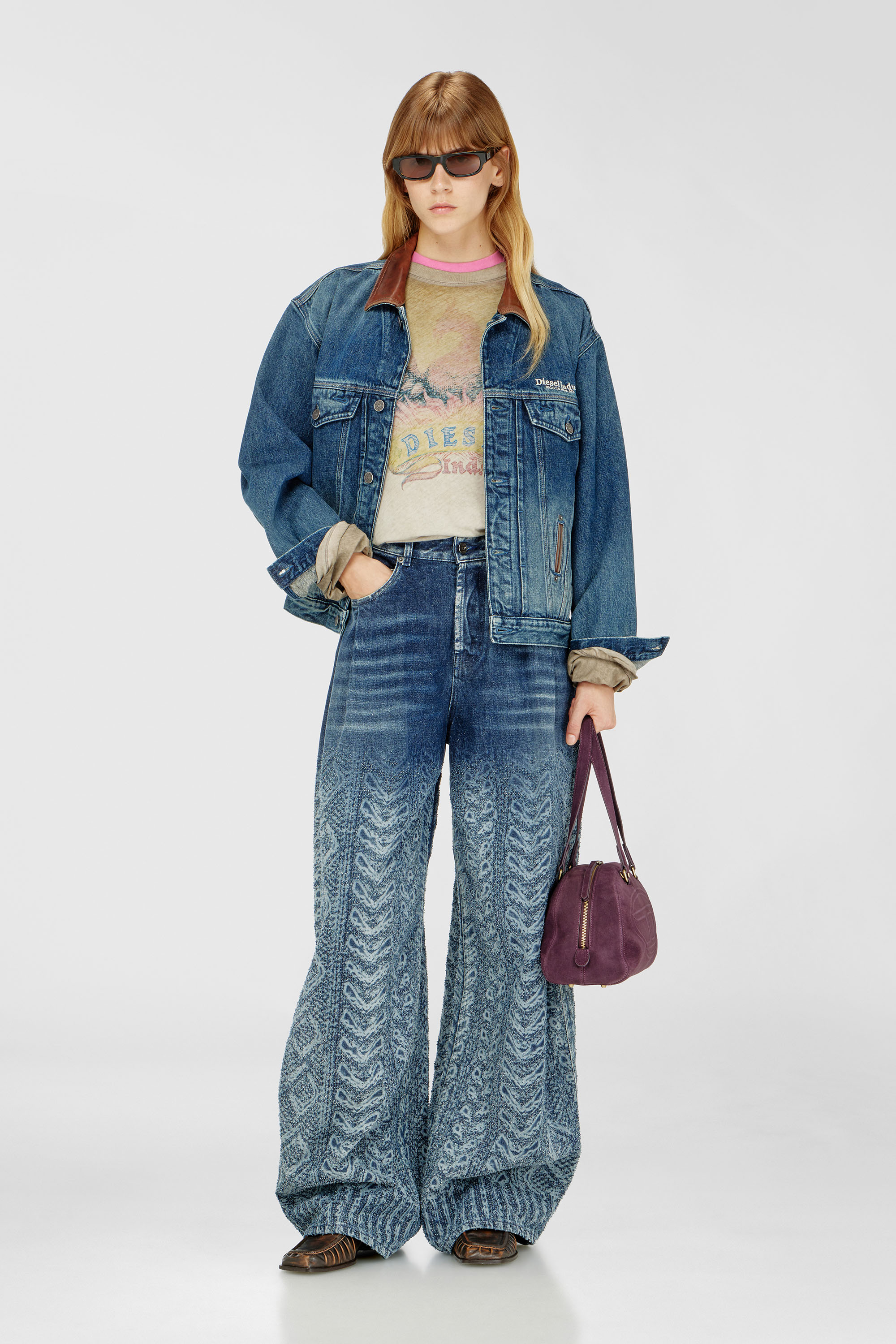 Diesel - D-DENVER-S1, Unisex's Denim trucker jacket with contrast leather trims in Blue - 7