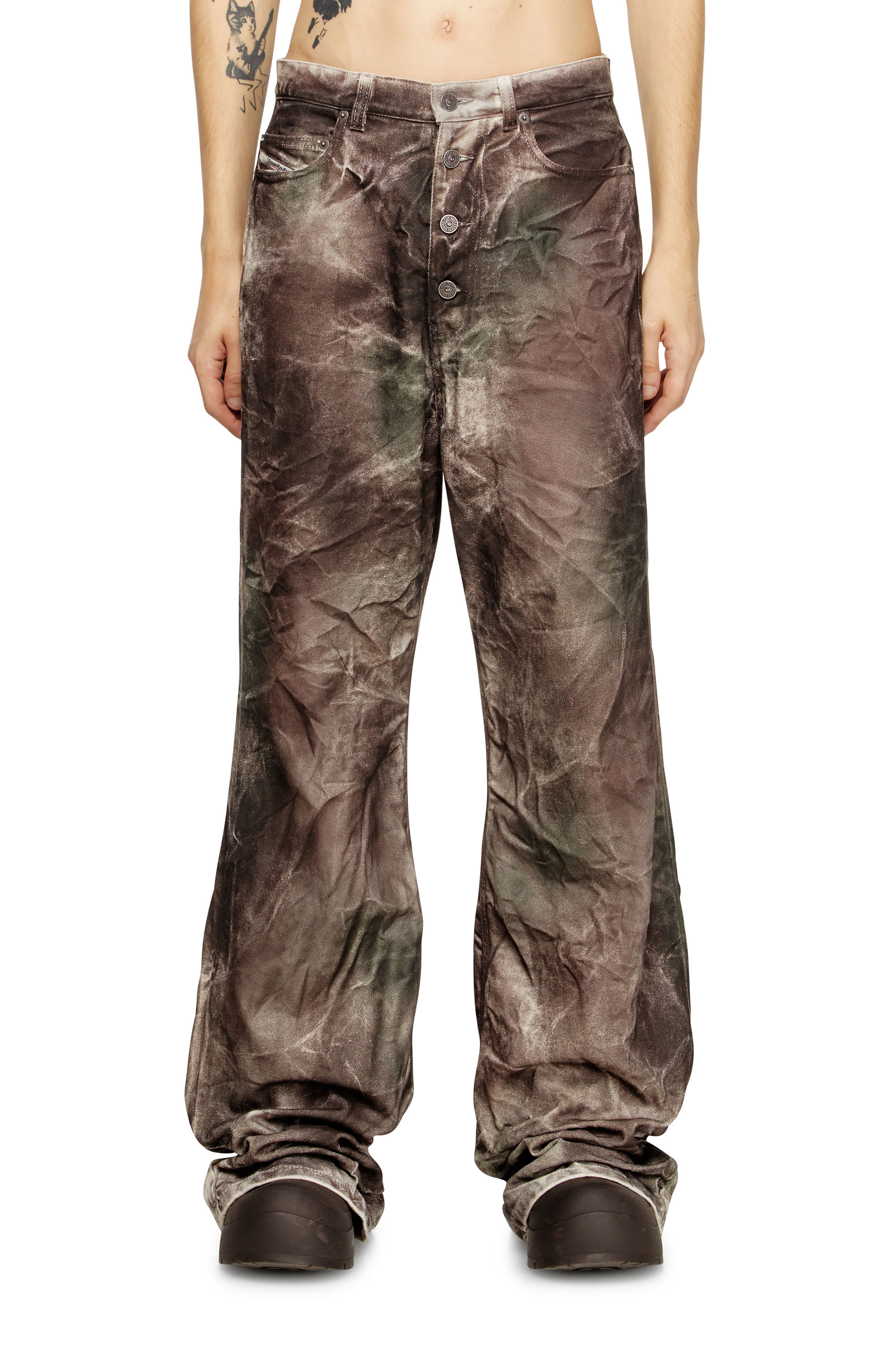 Diesel - P-THUG-PANT, Unisex's Pants in crinkled camo canvas in Brown/Green - 3