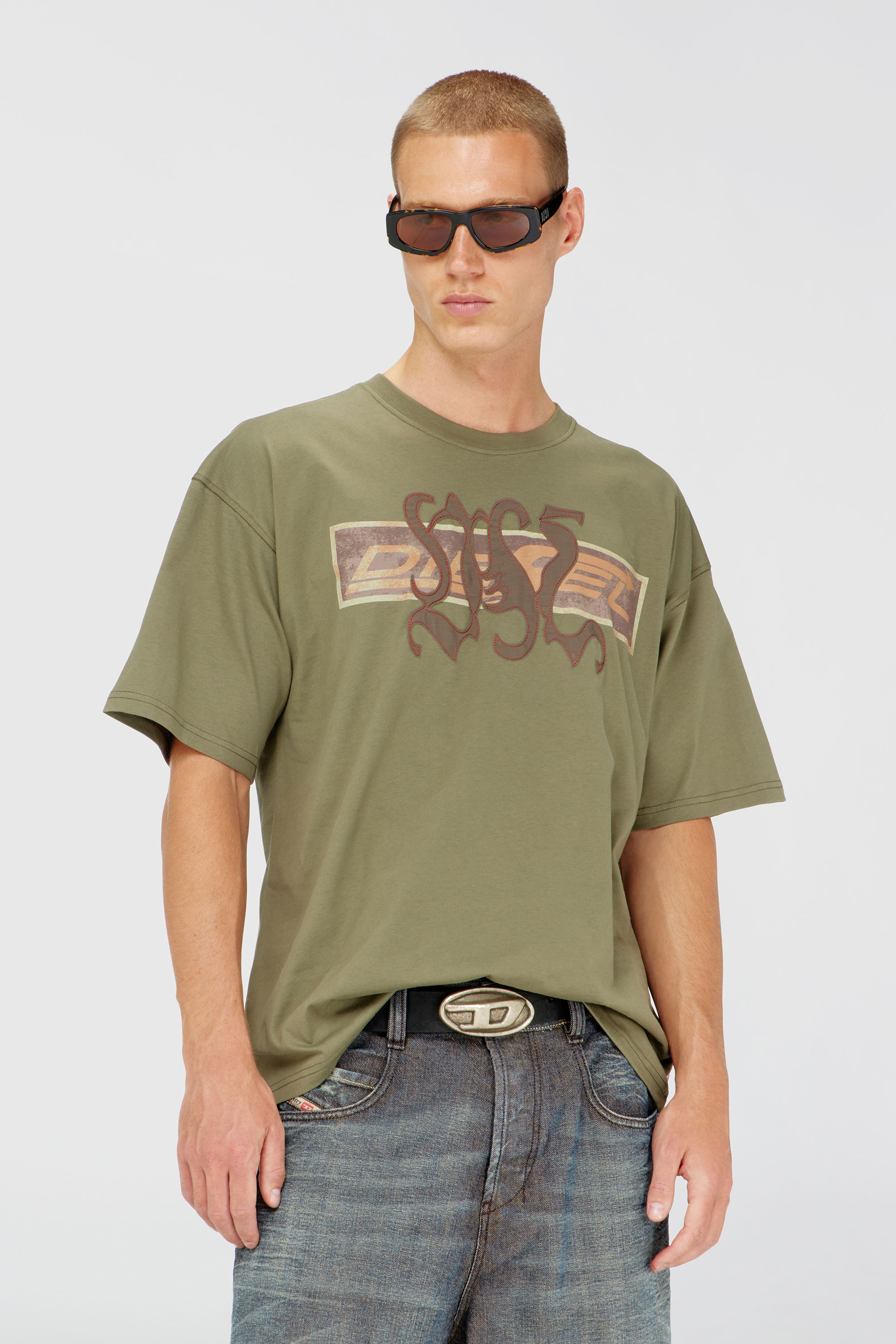 Diesel - T-BOXT-AA17, Man's T-shirt with graphic print and patches in Military Green - 1
