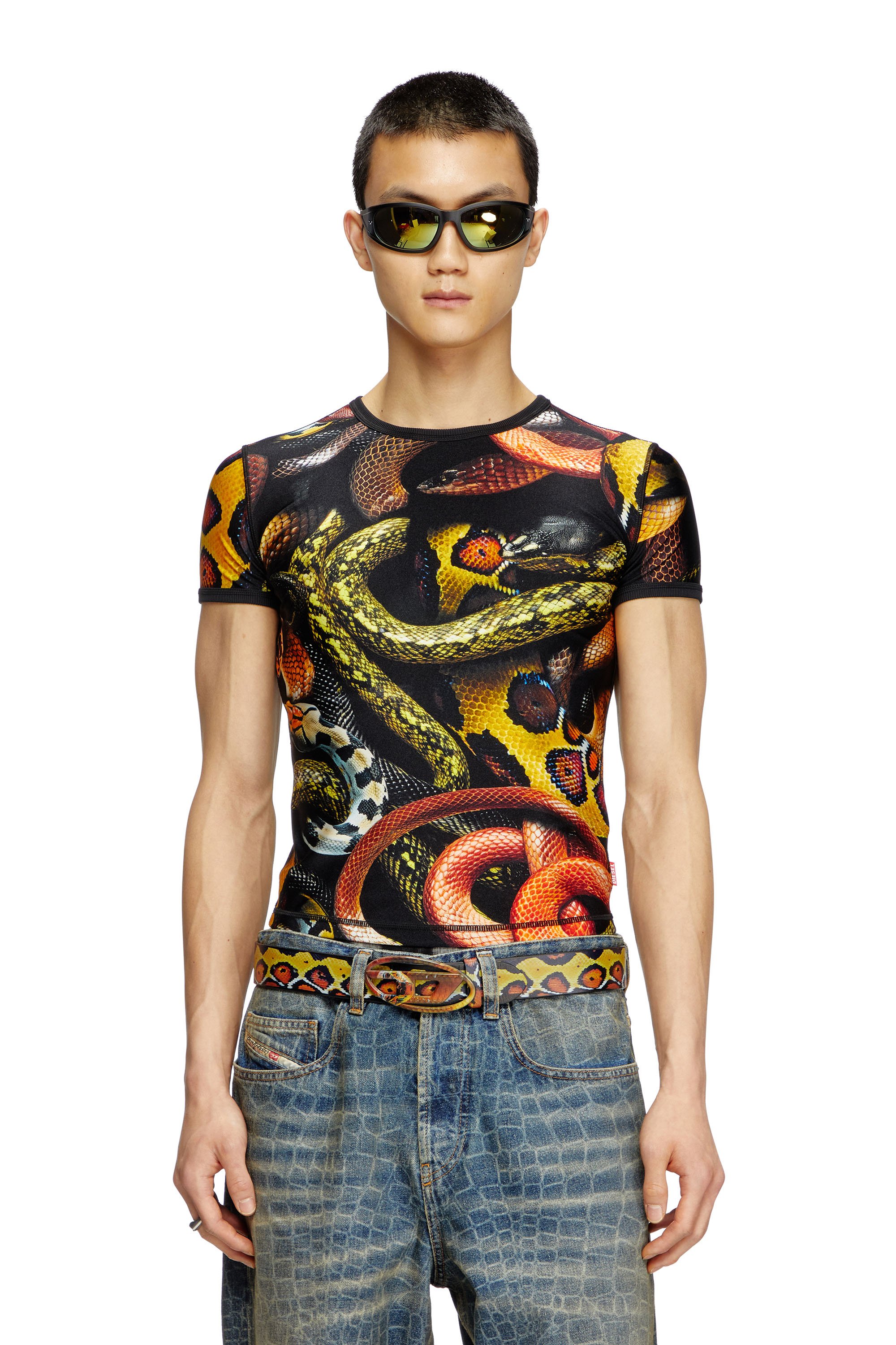 Diesel - CL-T-UNCLE-SNAKE, Unisex's Lycra T-shirt with all-over snake print in Black/Yellow - 2