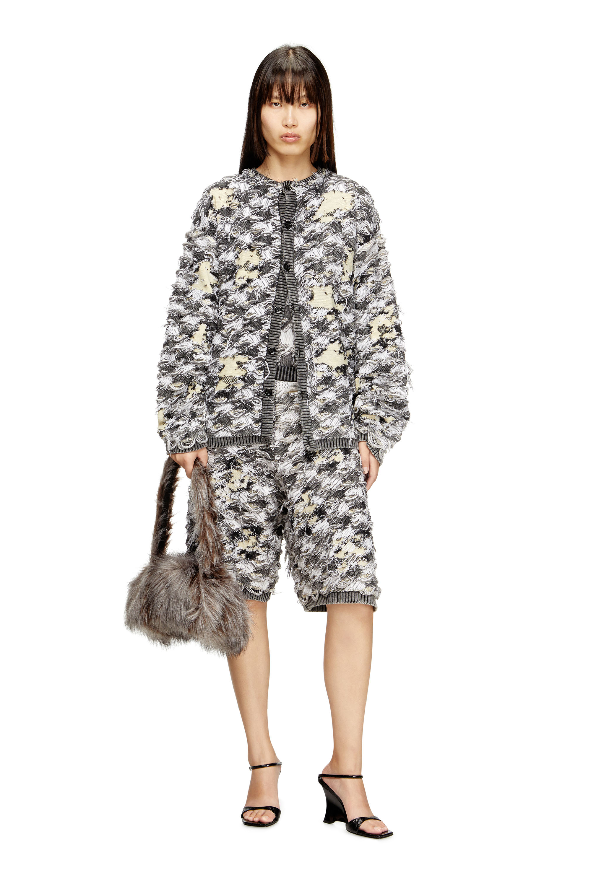 Diesel - M-VANJA, Woman's Destroyed houndstooth-jacquard shorts in Grey/White - 1