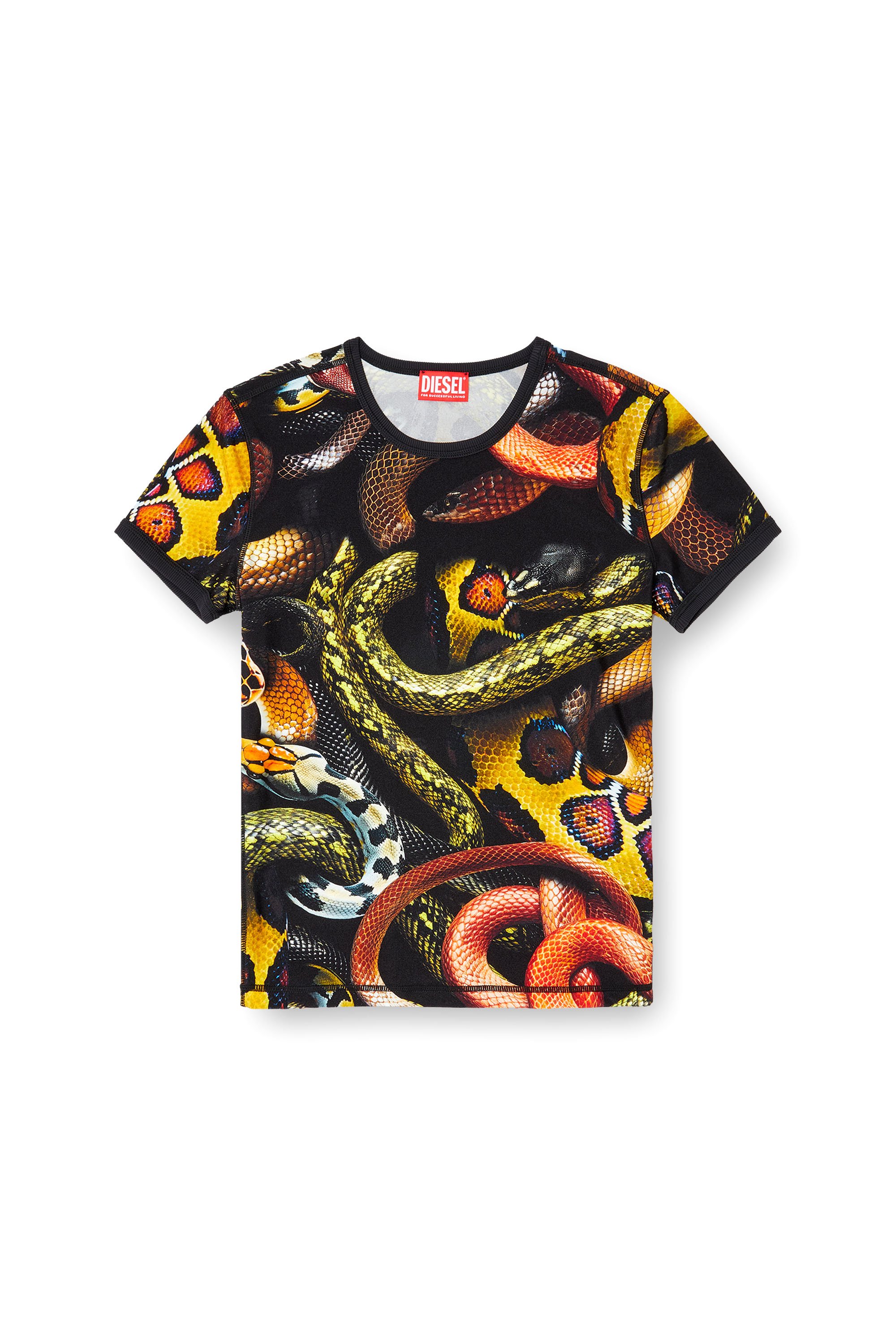 Diesel - CL-T-UNCLE-SNAKE, Unisex's Lycra T-shirt with all-over snake print in Black/Yellow - 3