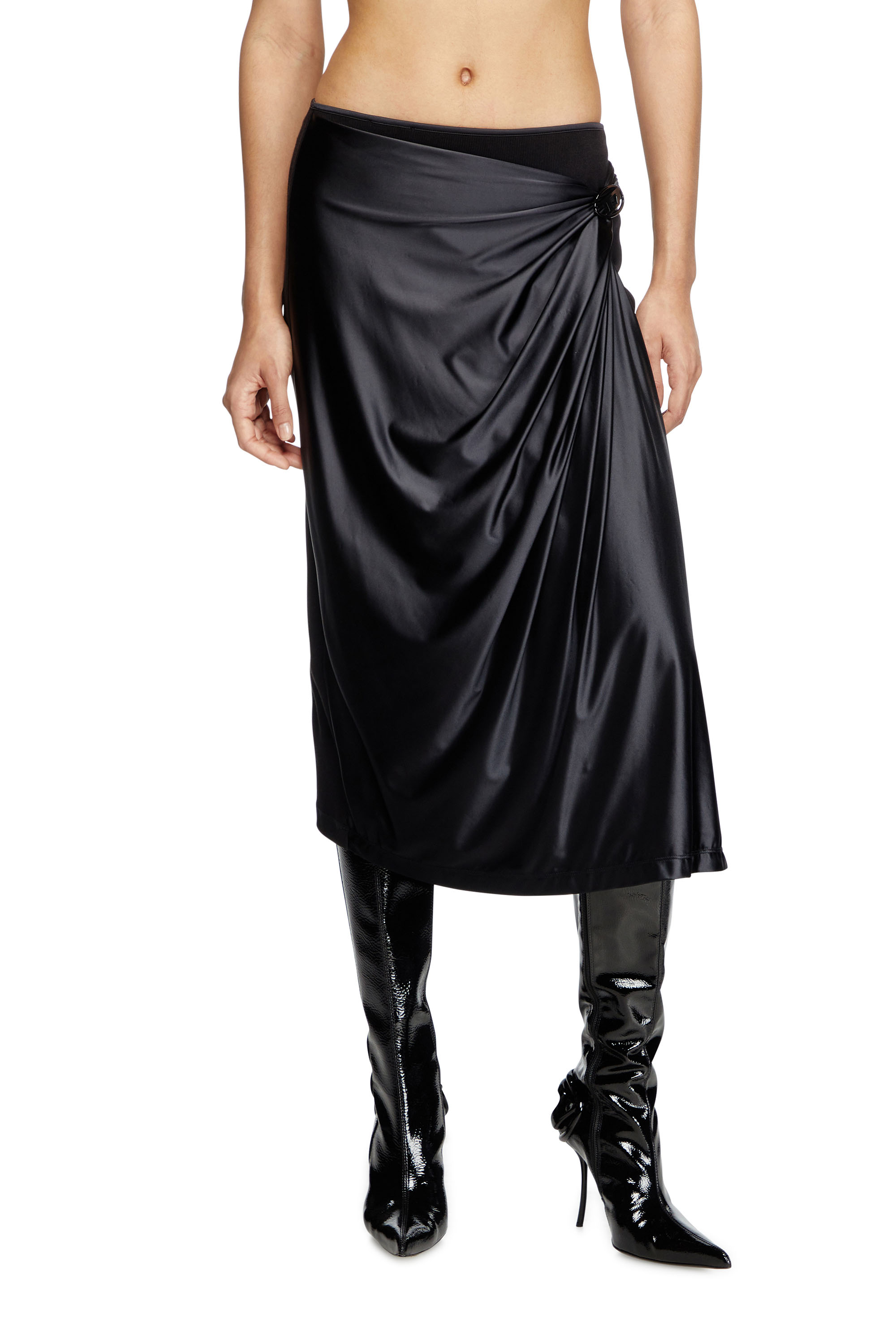 Diesel - O-SILV, Woman's Draped midi skirt with chintz finish in Black - 2