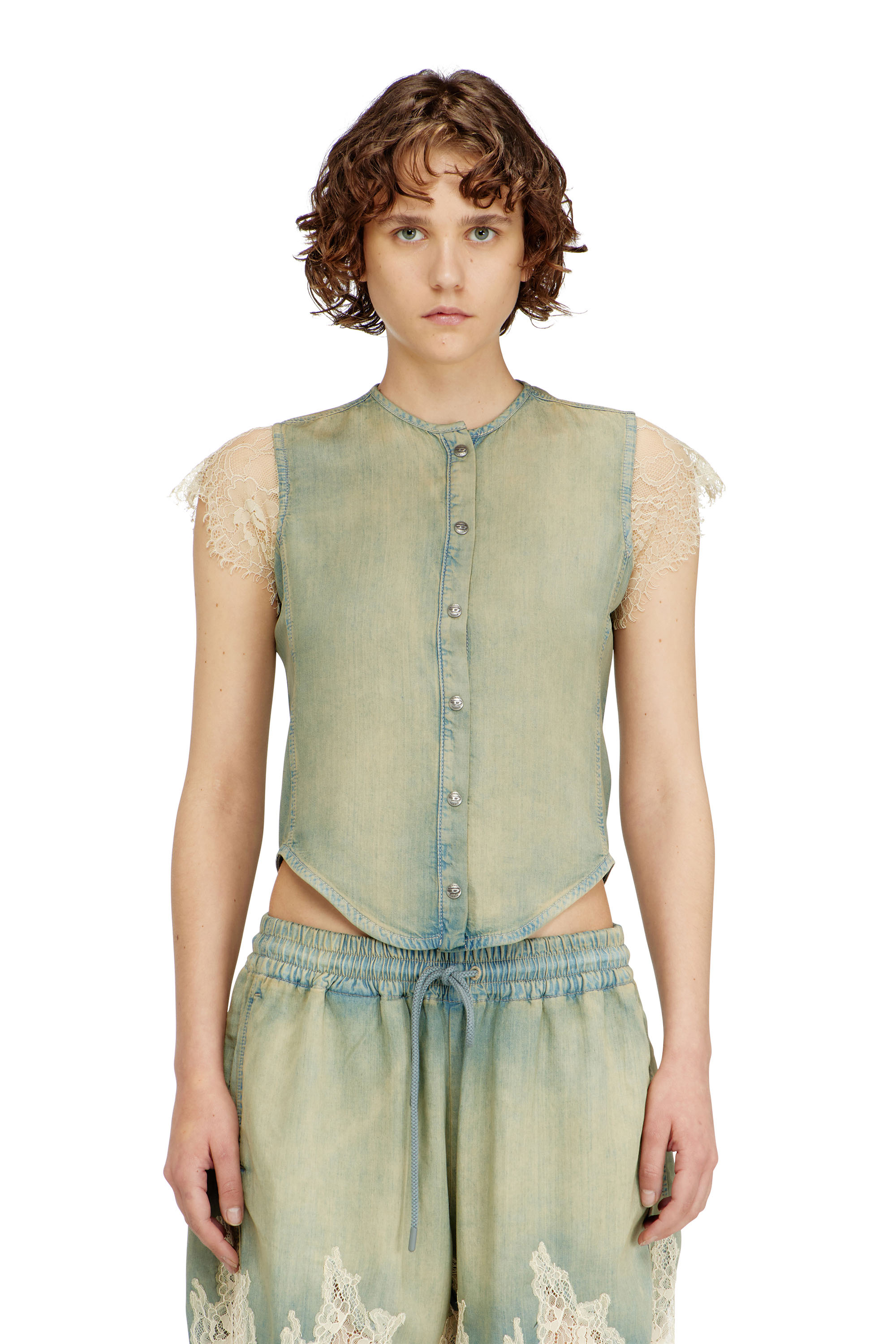 Diesel - DE-MALKA-S, Woman's Short-sleeve shirt in denim and lace in Light Blue - 3