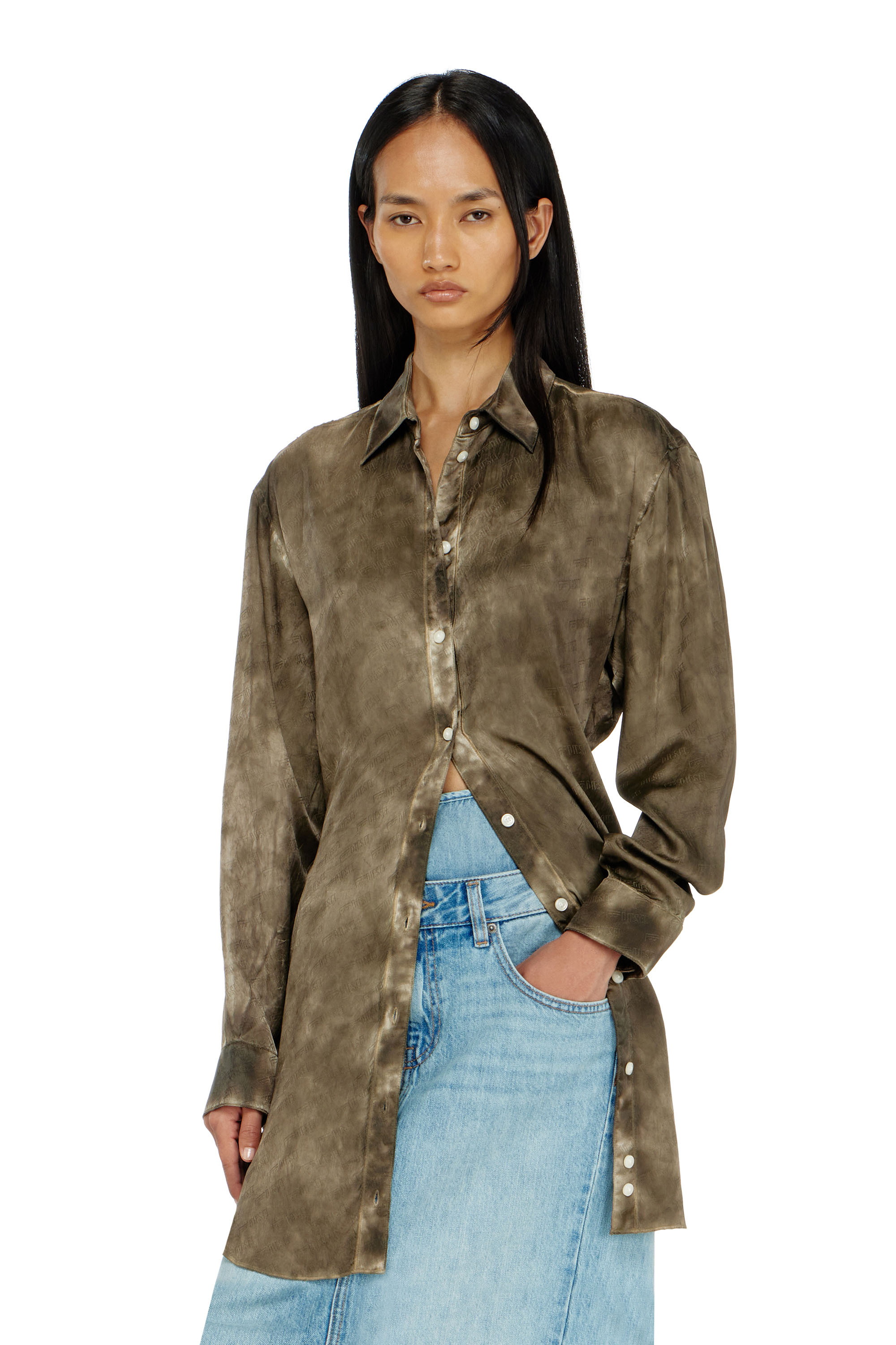 Diesel - C-LAVEL, Woman's Long shirt in logo-jacquard crinkled satin in Military Green - 3