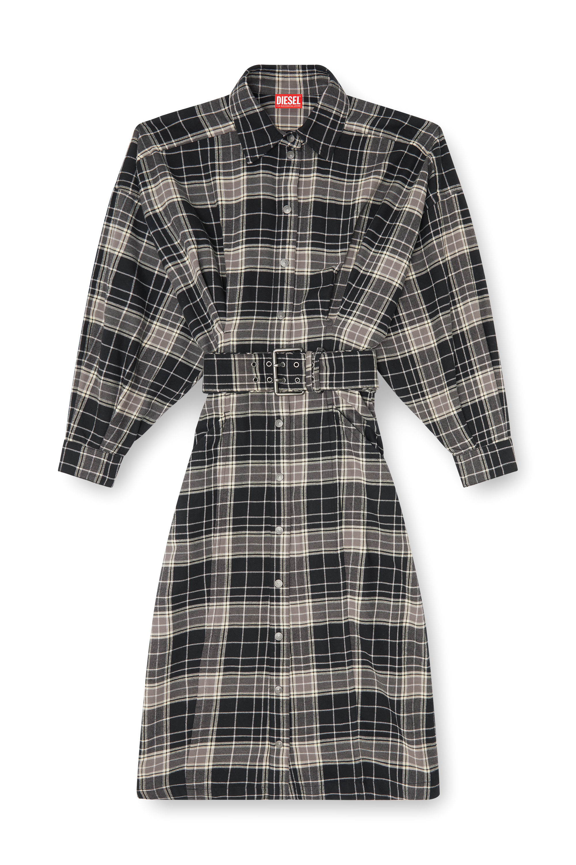 Diesel - D-EDALUS, Woman's Midi dress in check flannel with wide belt in Grey/Black - 1