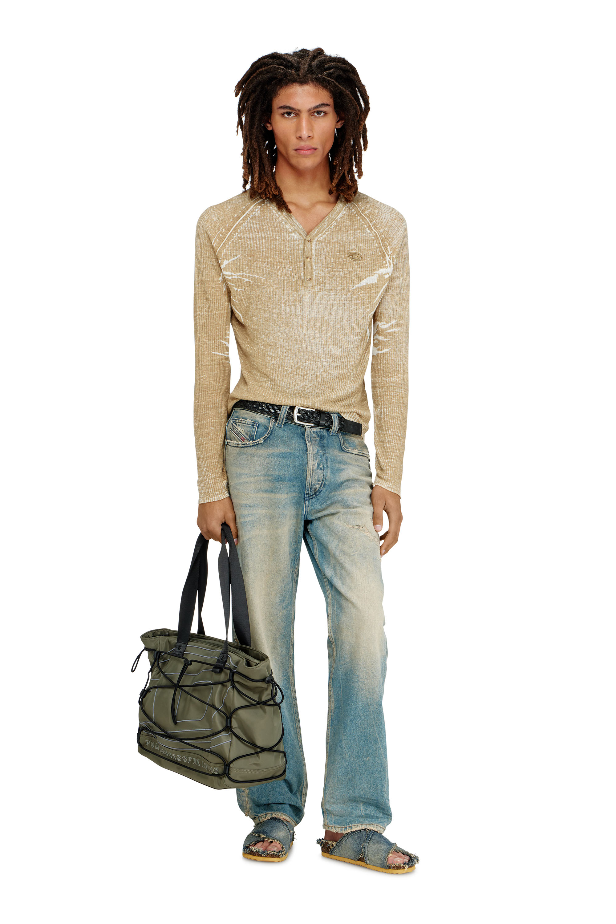 Diesel - K-ZENON, Man's Henley jumper with faded reverse print in Light Brown - 1