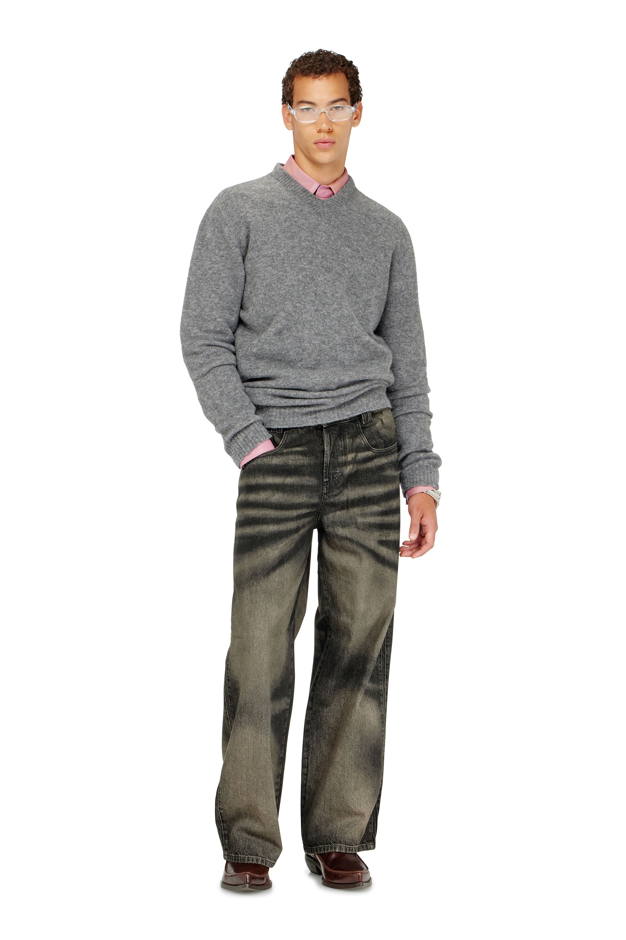 Diesel - K-ANDIE, Man's V-neck jumper in wrinkled boiled knit in Grey - 2