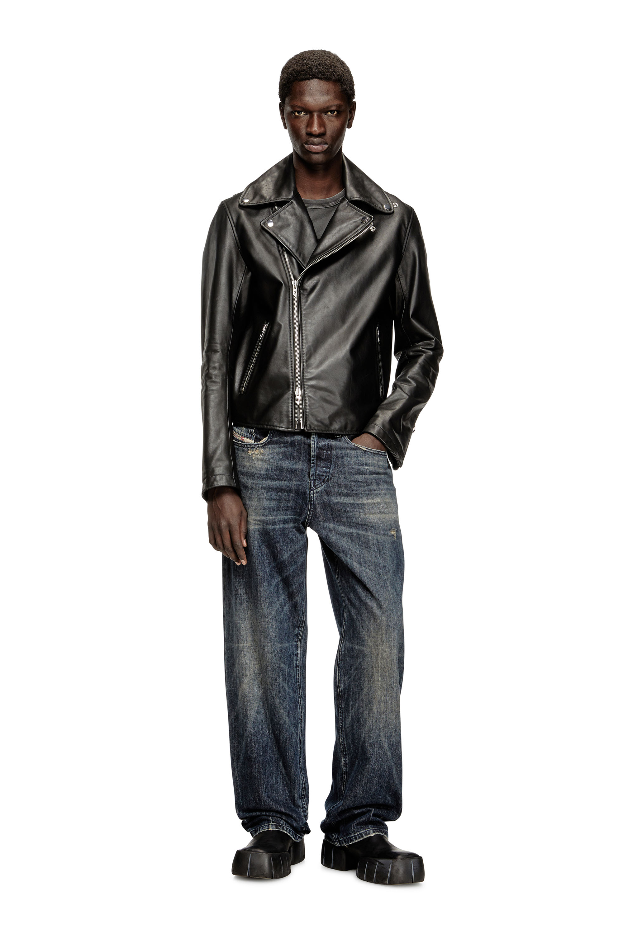 Diesel - L-EO-WRD, Man's Biker jacket in waxed leather in Black - 1