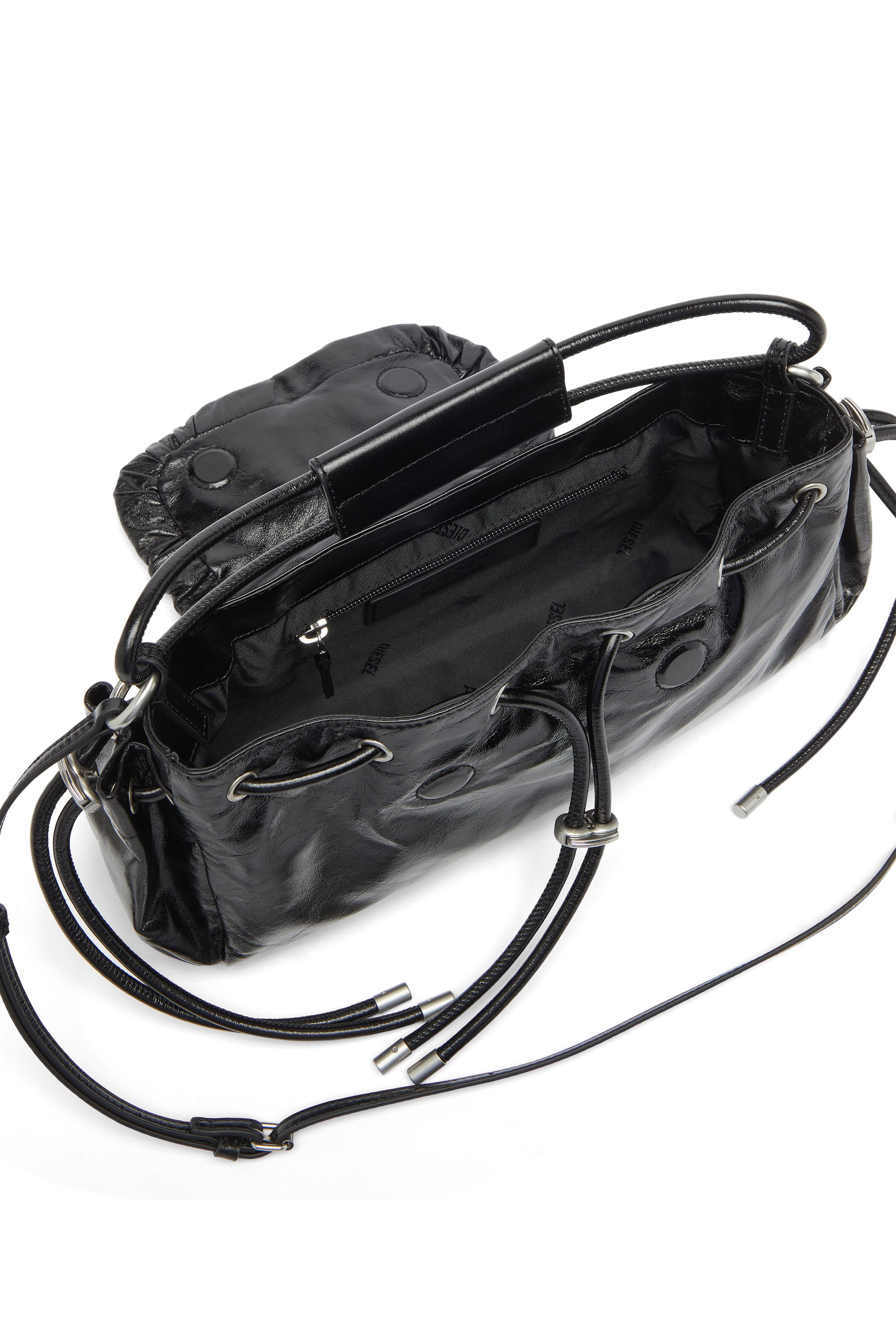 Diesel - SCRUNCH-D TOP HANDLE, Woman's Scrunch-D - Top-handle bag in shiny wrinkled leather in Black - 3