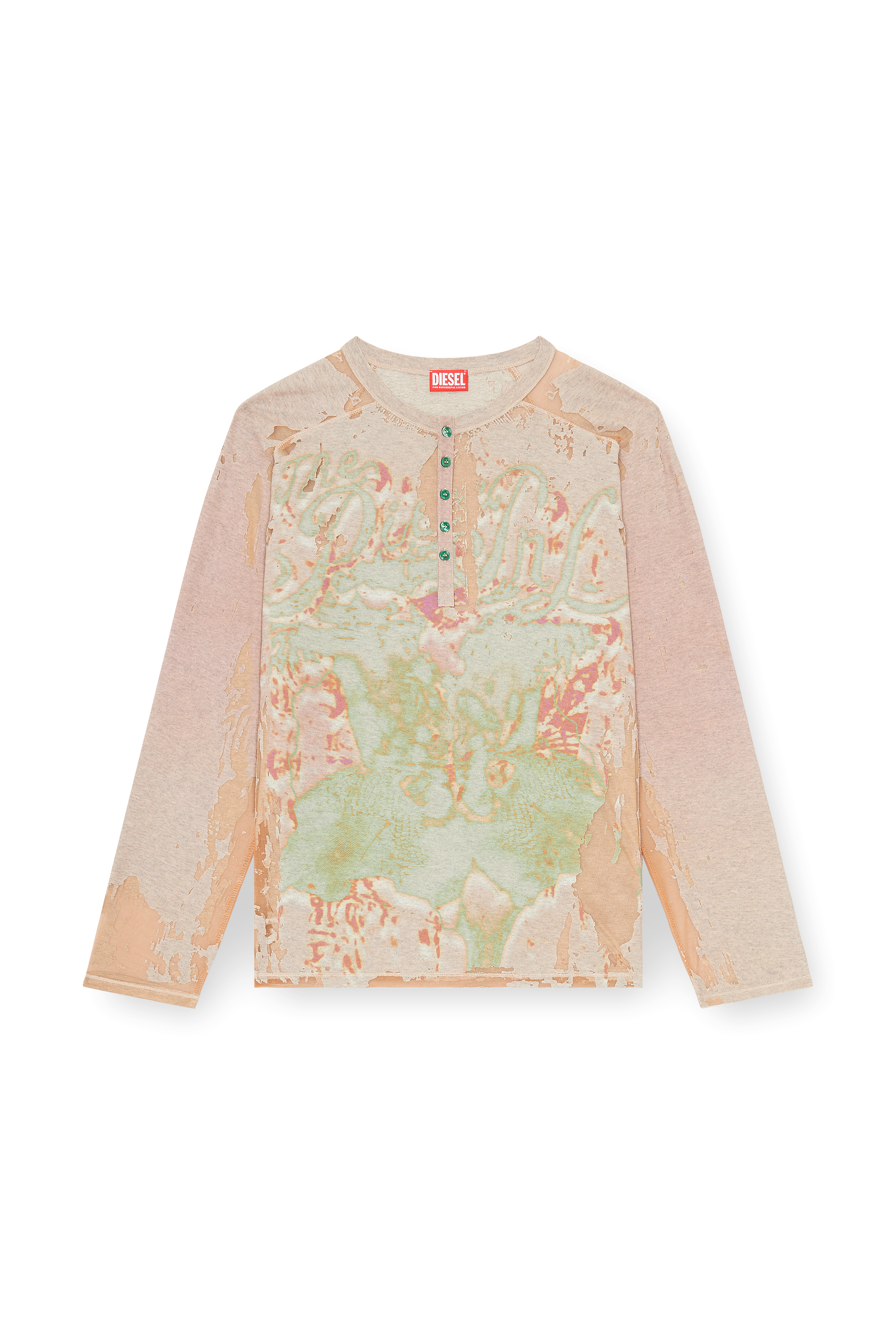 Diesel - T-LIVO-LS, Man's Henley shirt in printed devor&eacute; jersey in Beige - 3