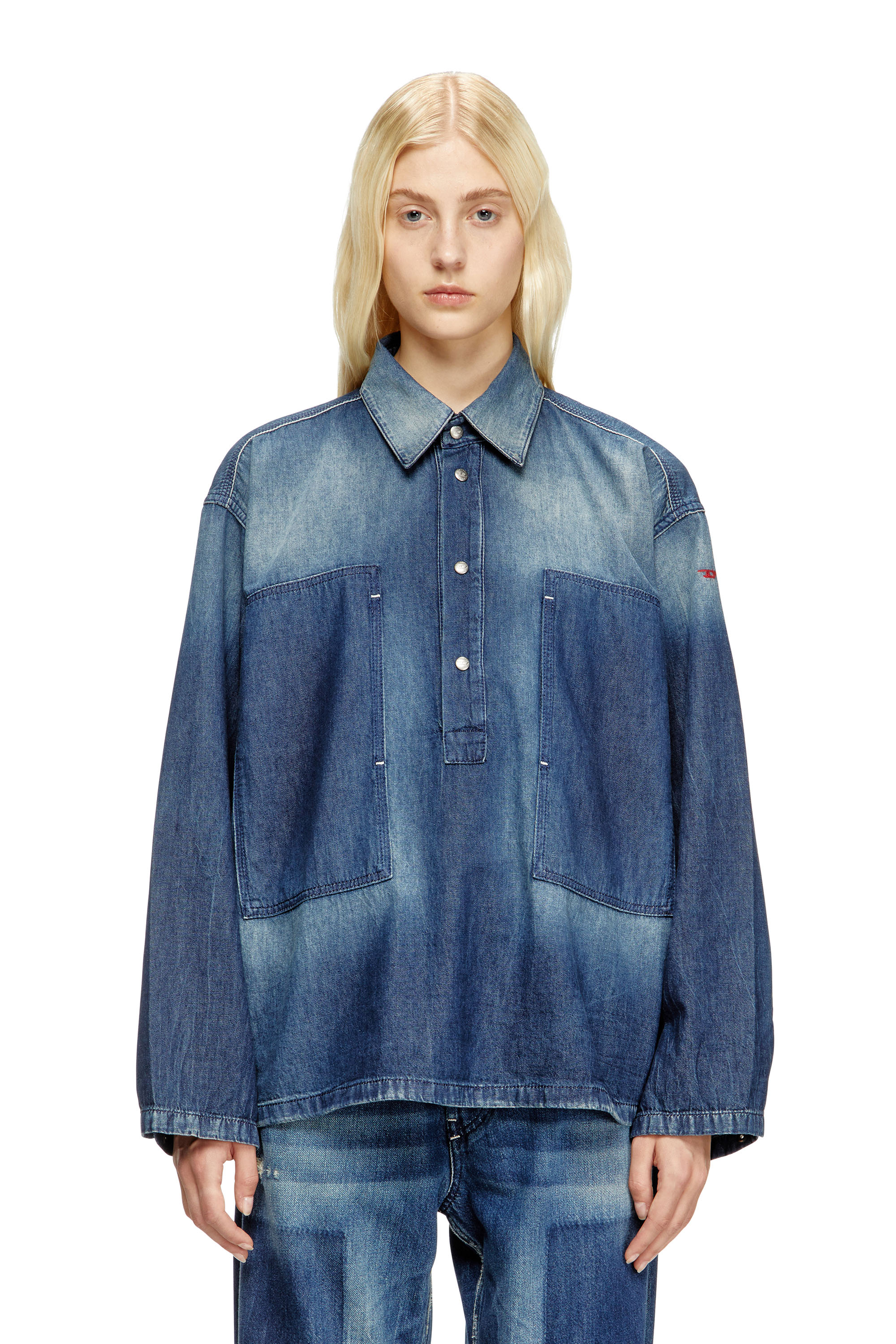 Diesel - DE-PRISS, Woman's Henley top in contrast-effect denim in Medium blue - 1